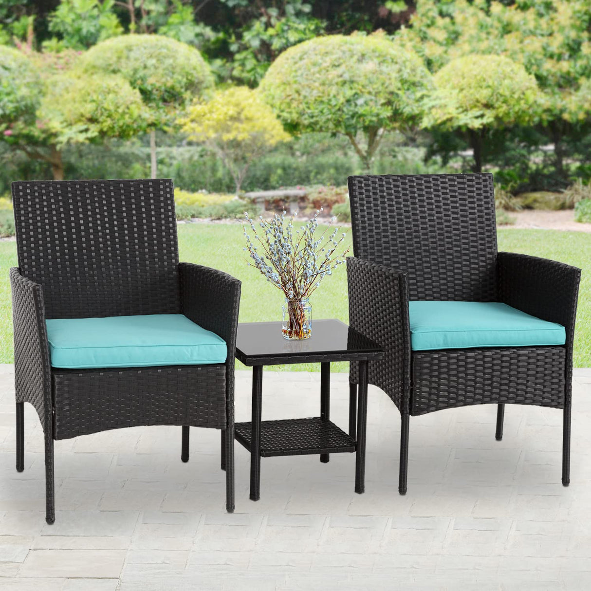 FDW 3 Piece Outdoor Furniture Set Patio Wicker Chairs Furniture Bistro Conversation Set 2 Rattan Chairs with Blue Cushions and Glass Coffee Table for Porch Lawn Garden Balcony Backyard FDW
