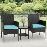 FDW 3 Piece Outdoor Furniture Set Patio Wicker Chairs Furniture Bistro Conversation Set 2 Rattan Chairs with Blue Cushions and Glass Coffee Table for Porch Lawn Garden Balcony Backyard FDW