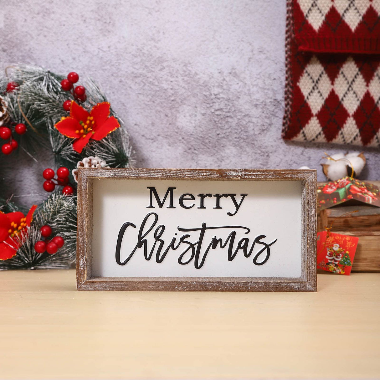 FESTWIND Christmas Tiered Tray Decor, Merry Christmas Block Sign Embossed Metal With Wood Frame - Shelf, Mantel, Home Decor - Rustic Farmhouse Christmas Decoration FESTWIND