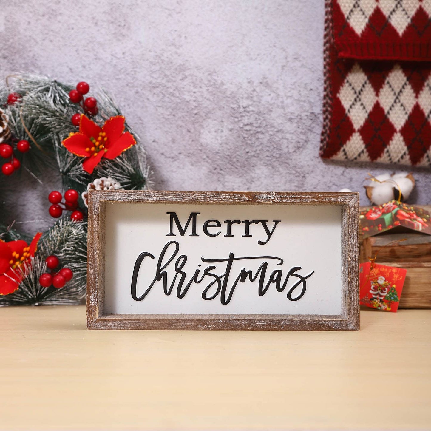 FESTWIND Christmas Tiered Tray Decor, Merry Christmas Block Sign Embossed Metal With Wood Frame - Shelf, Mantel, Home Decor - Rustic Farmhouse Christmas Decoration