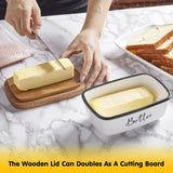 Butter Dish with Lid, ALELION Large Ceramic Butter Dish for Countertop, Butter Keeper with Thick Acacia Wood Lid, Kitchen Decor and Accessories for Kitchen Gifts, White ALELION