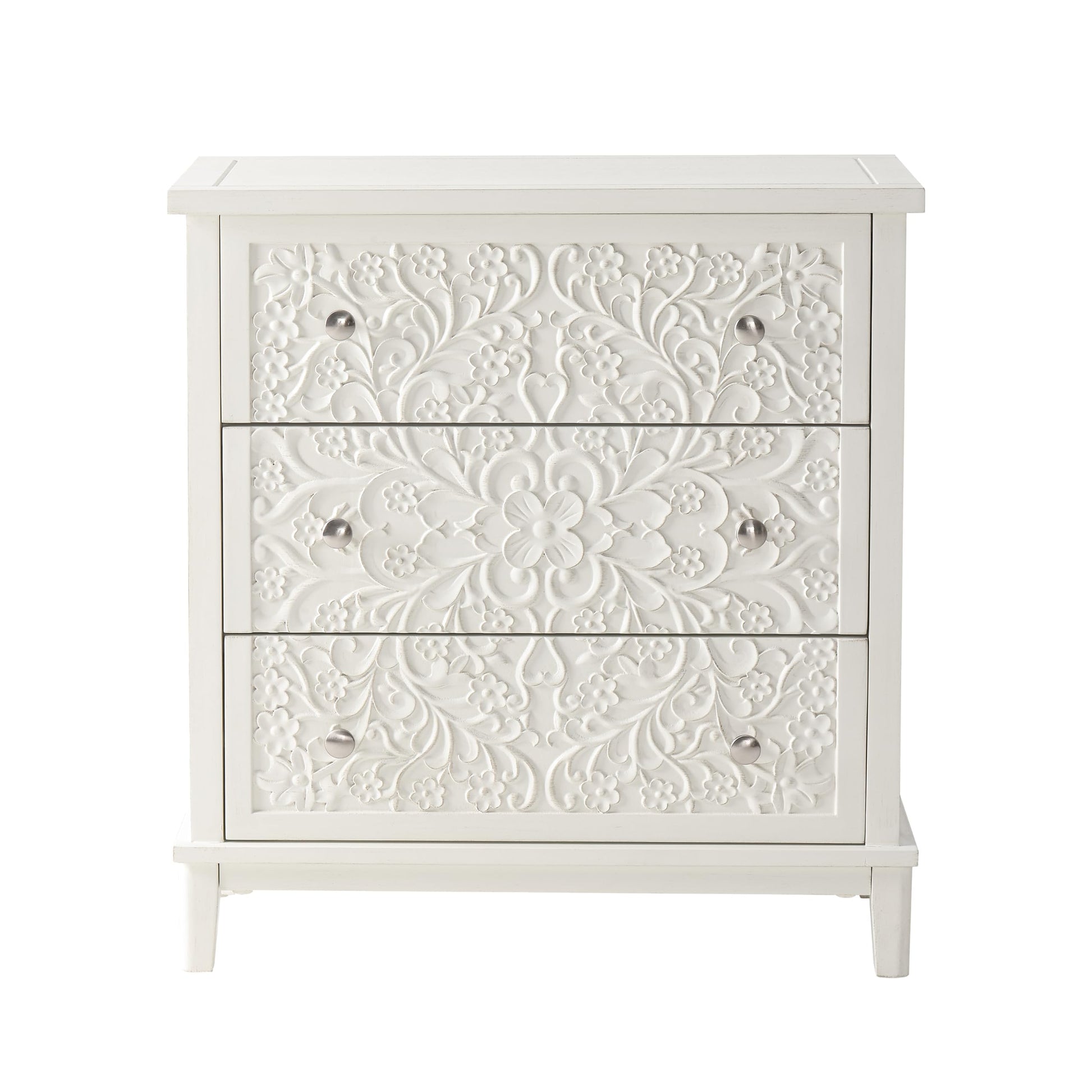 COZAYH 3-Drawer Fully-Assembled Flower Motif Dresser for French Country, Farmhouse, Modern, Rustic Style, Distressed Finish, White-Washed - WoodArtSupply