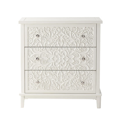 COZAYH 3-Drawer Fully-Assembled Flower Motif Dresser for French Country, Farmhouse, Modern, Rustic Style, Distressed Finish, White-Washed - WoodArtSupply