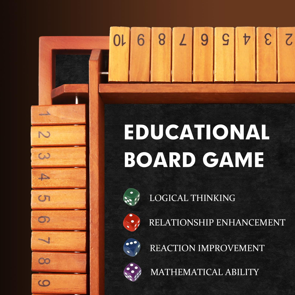 TooyBing Upgraded 1-4 Players Shut The Box Dice Game, Wooden Board Table Family Game for Kids and Adults with 12 Dice, Classic Tabletop Math Game for Pub Classroom Party, Gift for Christmas Birthday TooyBing