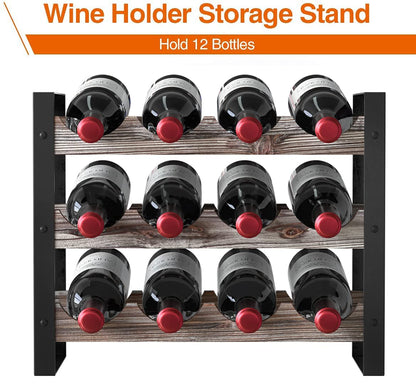 JACKCUBE Design Wine Rack Freestanding Floor 3 Tier Stackable 12 Wine Bottle Holder Storage Racks Countertop, Liquor Shelf Stand (Rustic Wood and Black Metal Frame)- MK521A - WoodArtSupply