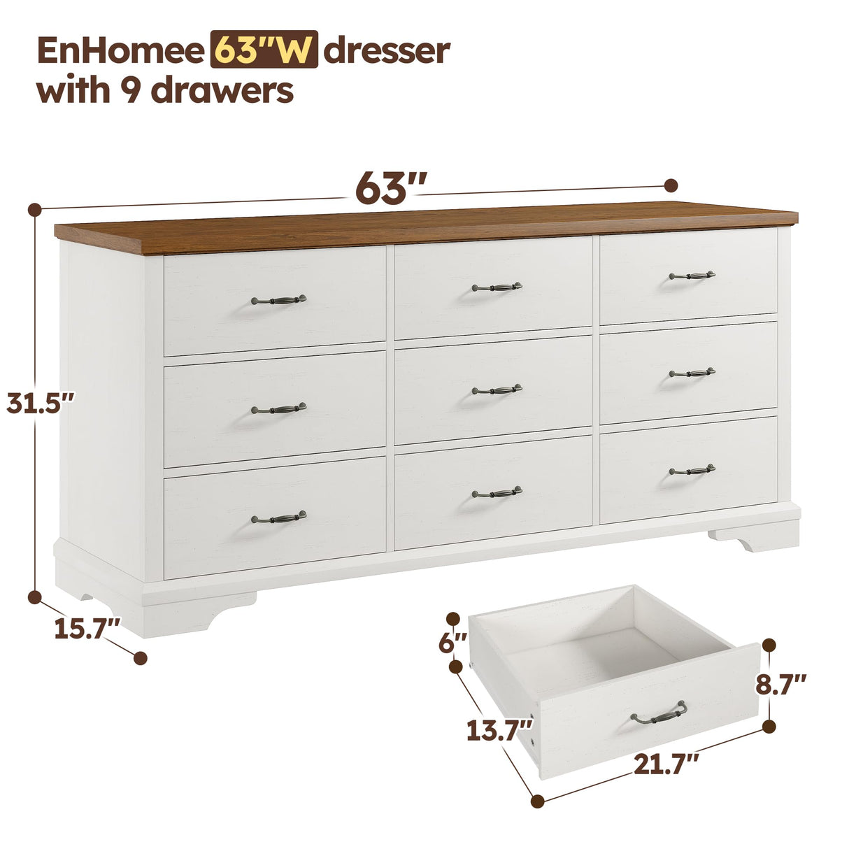 EnHomee 9 Drawers Dresser, 63" W Farmhouse Dressers for Bedroom Dressers with 9 Drawers, Solid Wood Dresser TV Stand with Large Metal Handle, Modern Wood Drawer Organizer for Closet (Antique White) EnHomee