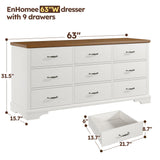 EnHomee 9 Drawers Dresser, 63" W Farmhouse Dressers for Bedroom Dressers with 9 Drawers, Solid Wood Dresser TV Stand with Large Metal Handle, Modern Wood Drawer Organizer for Closet (Antique White) EnHomee