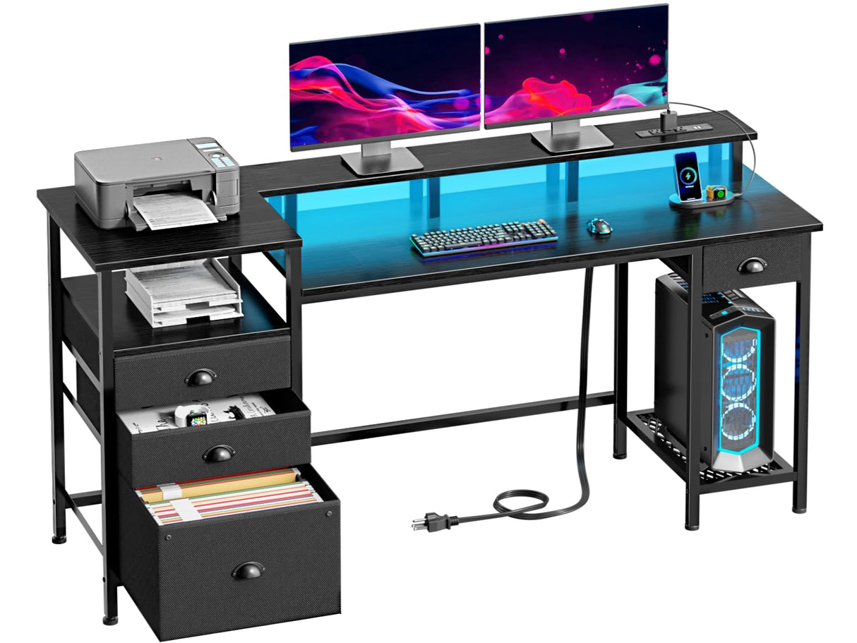 Furologee Black Computer Desk with 4 Drawers, 60" Long Office Desk with Fabric File Cabinet and Power Outlets, Gaming Desk with LED Lights, Study Writing Work Desk for Home Office Furologee