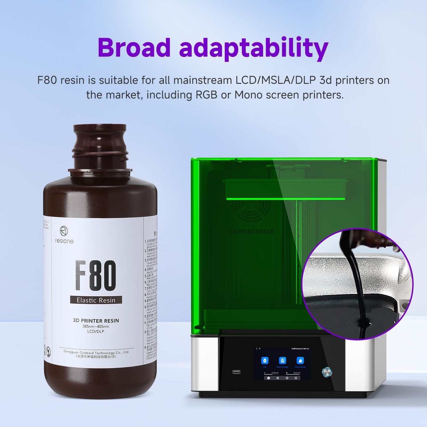 RESIONE 3D Printer Resin, F80 Elastic Resin 405nm UV-Curing Resin with High Elongation at Break High Resilience Photopolymer Resin for LCD DLP MSLA 3D Printing (Black, 500g)