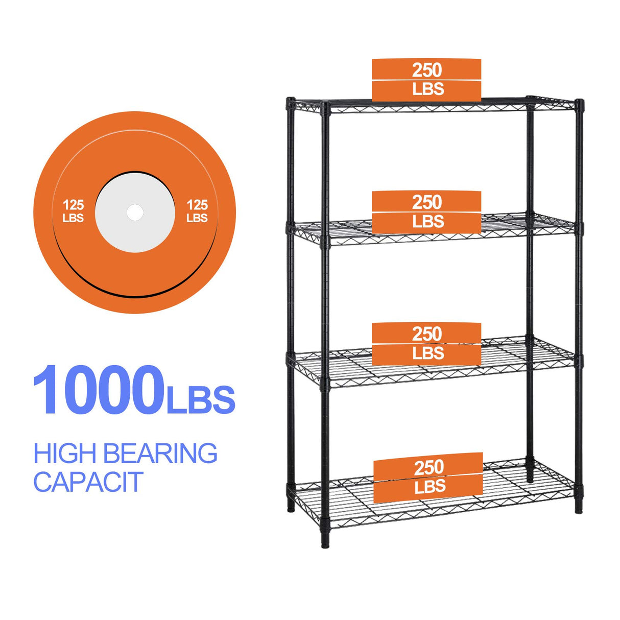 Heavy Duty Metal Storage Shelves - 4 Tier Wire Shelf with Wheels, 36" L x 14" W x 54" H, Adjustable Layer Rack, 1000 LBS, Black Hudada