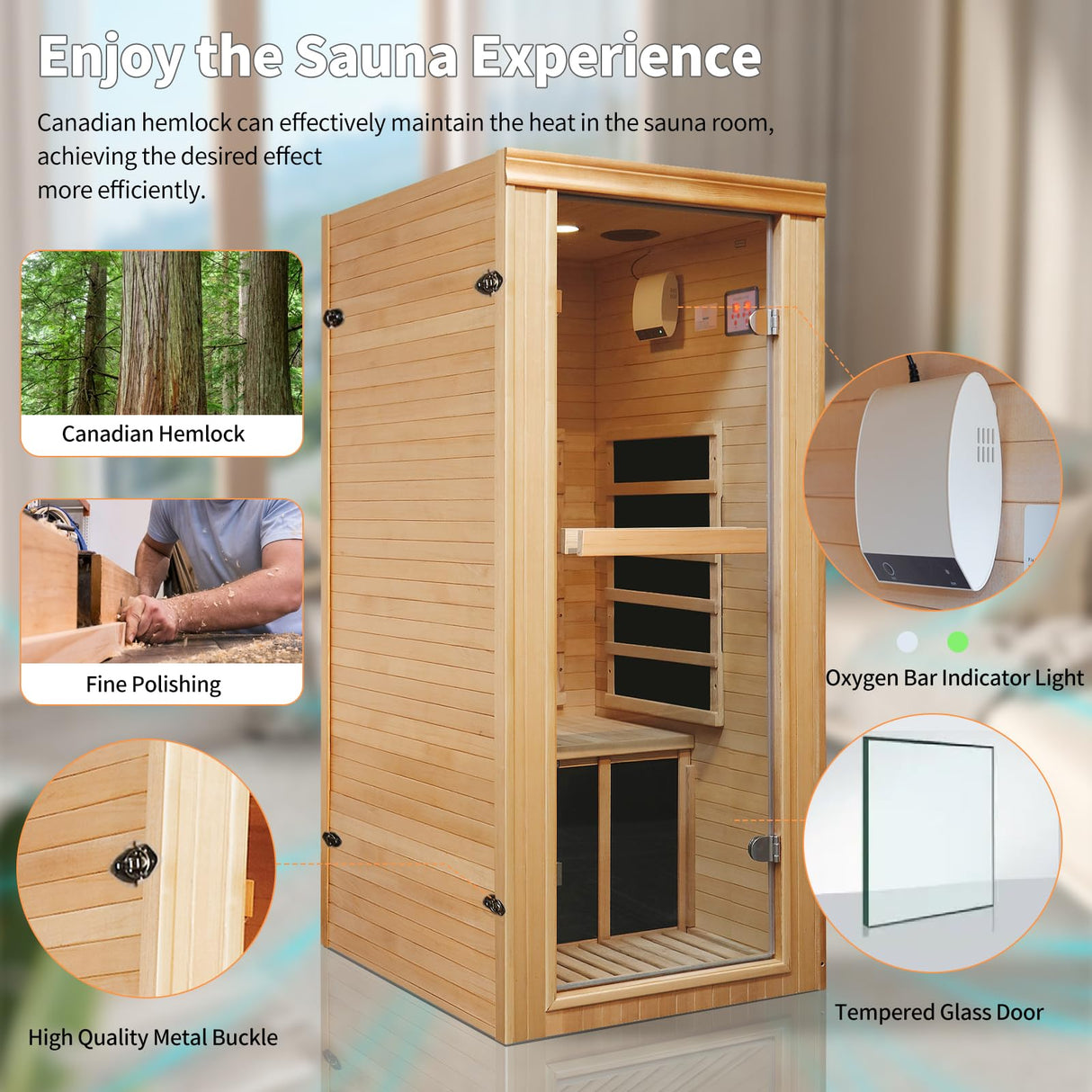 Infrared Sauna for Home Sauna Room Dry Sauna for Home 980W Indoor Sauna for Single Person Hemlock Wood Sauna with 110V Heaters Panels 1 Person Low EMF Far Infrared Sauna with LCD Control in Home Sauna HOSAUNA