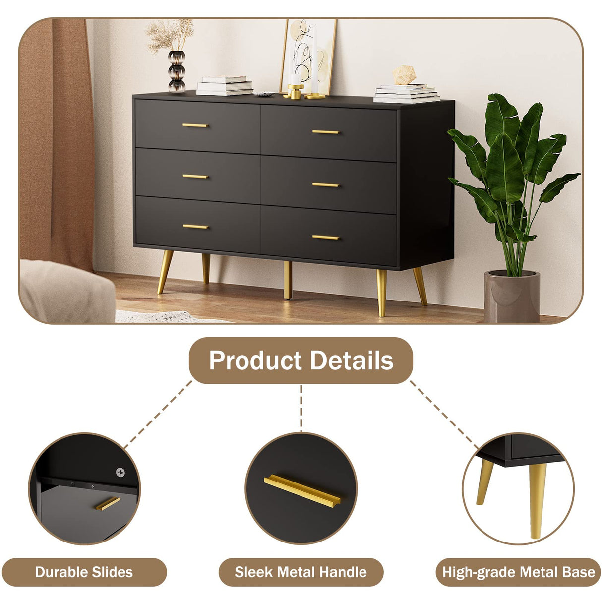 RESOM Black 6 Drawer Dresser for Bedroom, Wooden Black Double Dresser with Gold Handles, Modern Chest Dresser with Deep Drawers for Living Room, Hallway RESOM