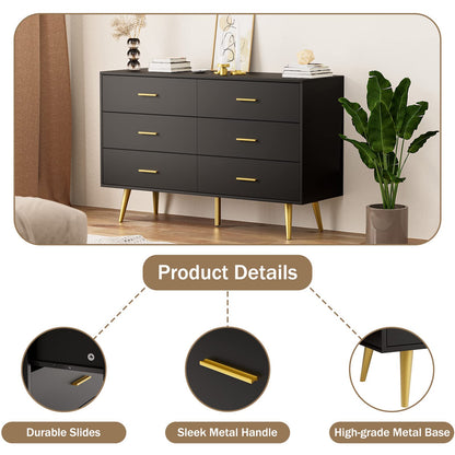 RESOM Black 6 Drawer Dresser for Bedroom, Wooden Black Double Dresser with Gold Handles, Modern Chest Dresser with Deep Drawers for Living Room, Hallway - WoodArtSupply