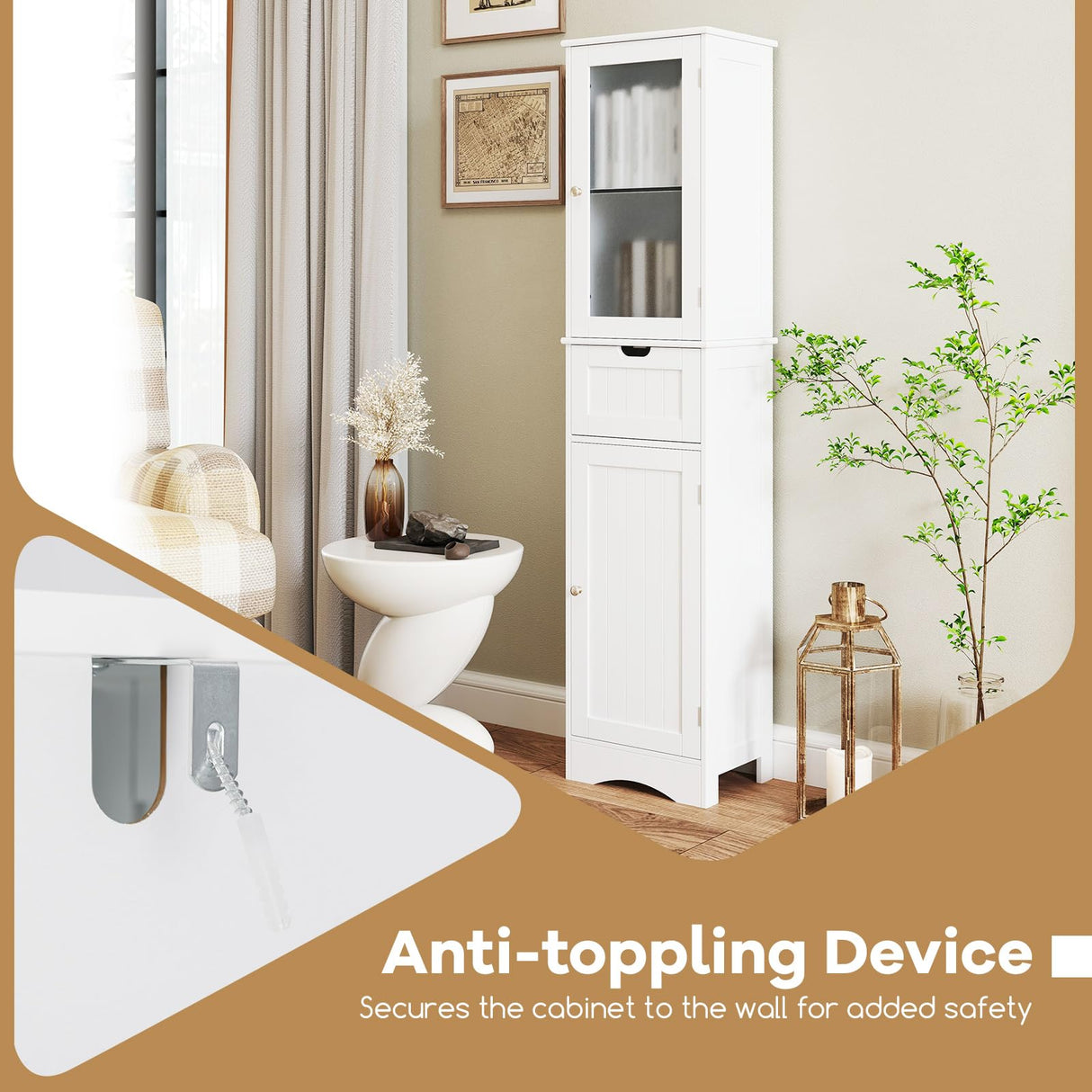 Tangkula 67" Tall Bathroom Storage Cabinet, Slim Freestanding Tower w/ 2 Doors & 1 Drawer, Narrow Floor Cabinet w/Adjustable Shelves & Tempered Glass Door for Bathroom Living Room (White) Tangkula