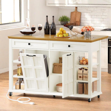 DWVO Kitchen Island with Drop Leaf, Tilt Out Trash Can Cabinet, Mobile Storage Islands with Power Outlet, Americana Rolling Island Table on Wheels with Open Shelves for Dining Room, Off White DWVO