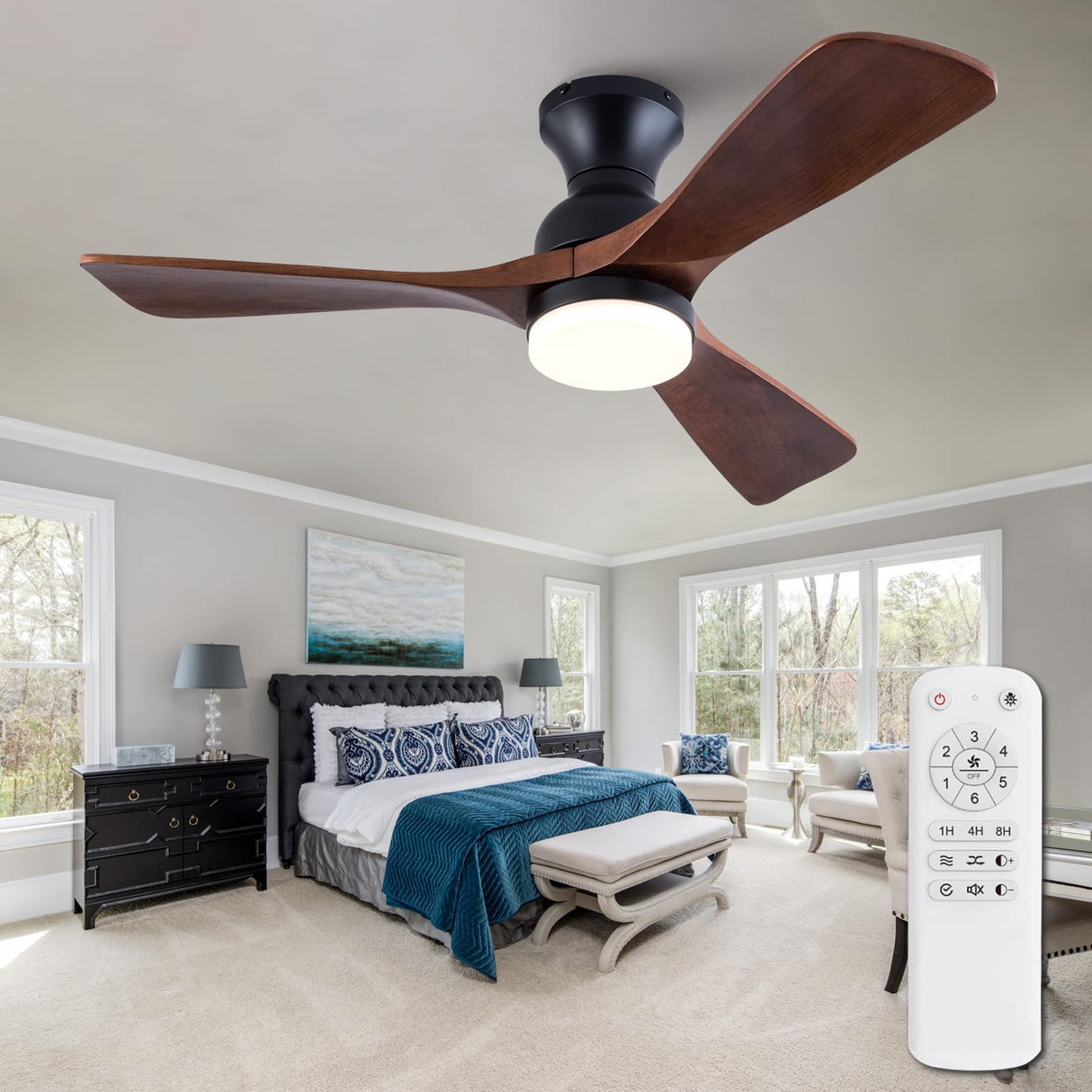 XBIBI 42 Inch Low Profile Ceiling Fan with Light and Remote, Dimmable LED Light, Quiet DC Motor Flush Mount Ceiling Fan, Wood Hugger Ceiling Fans with Lights, Indoor Outdoor Black Ceiling Fan XBIBI