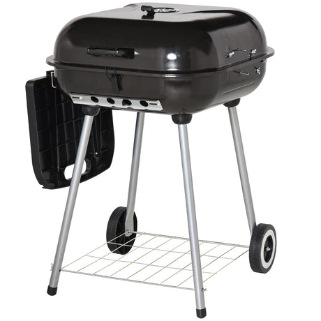 Outsunny Portable Charcoal Grill with Foldable Side Shelf and Bottom Shelf, BBQ Smoker with Wheels and Adjustable Vents on Lid for Picnic Camping Backyard Cooking, Black Outsunny