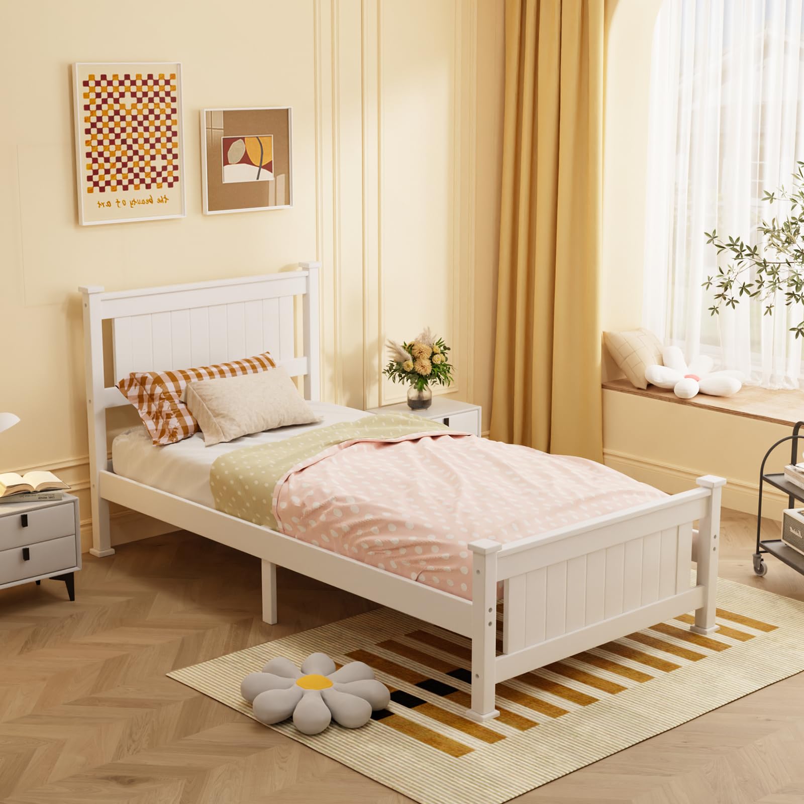 VINGLI Twin Solid Wood Bed Frame with Headboard – Modern White Platform Design, No Box Spring Needed - WoodArtSupply