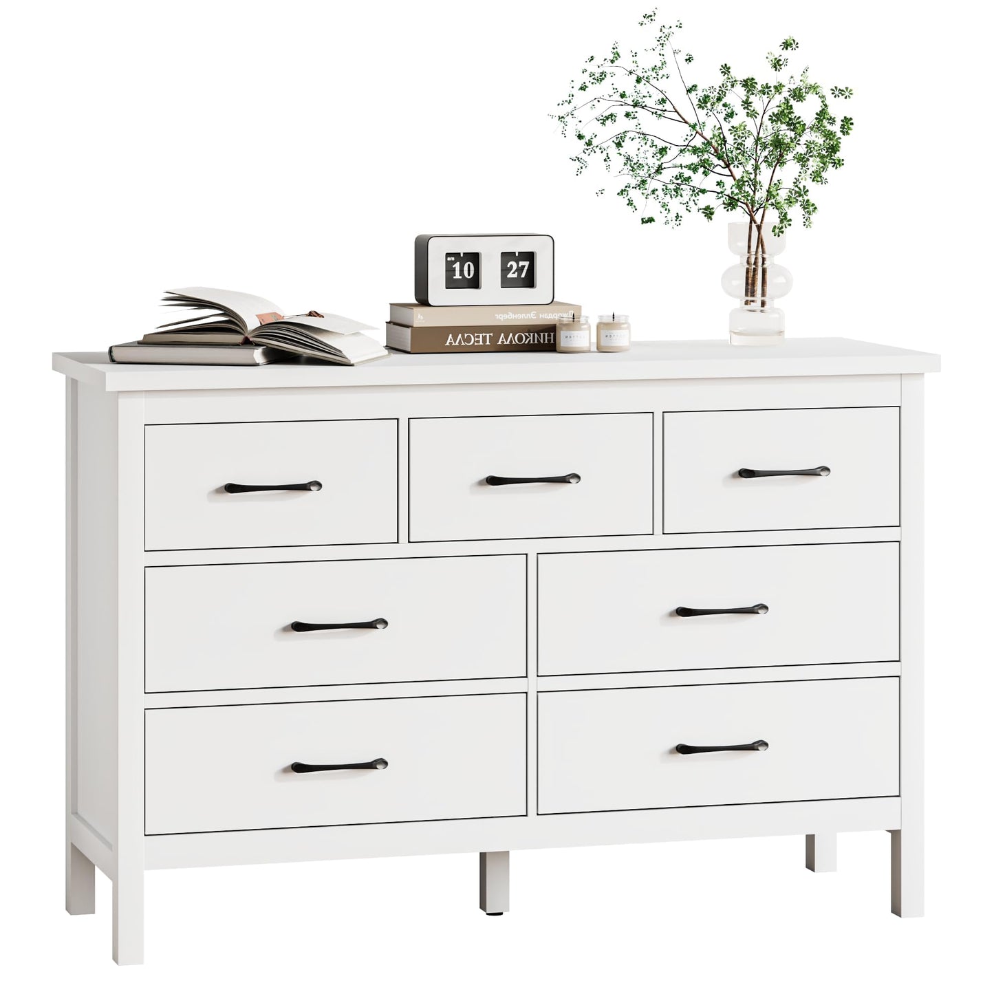 Tradare White Dresser for Bedroom with 7 Drawer,Wooden Double Dresser with Metal Handles, Wide Chest of Organizer Storage Drawers for Living Room, Hallway, Entryway