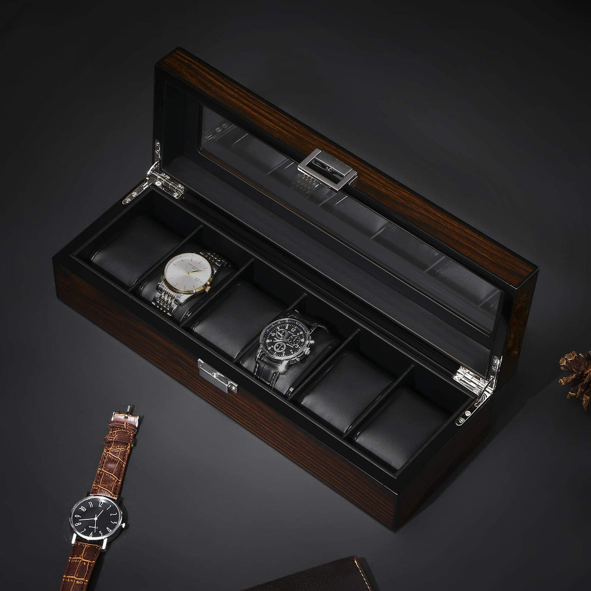 BEWISHOME Wooden Watch Box for Men - Luxury Watch Case, Real Glass Top, Smooth Faux Leather Interior, 6 Slot Watch Organizer,Brown SSH06Y BEWISHOME