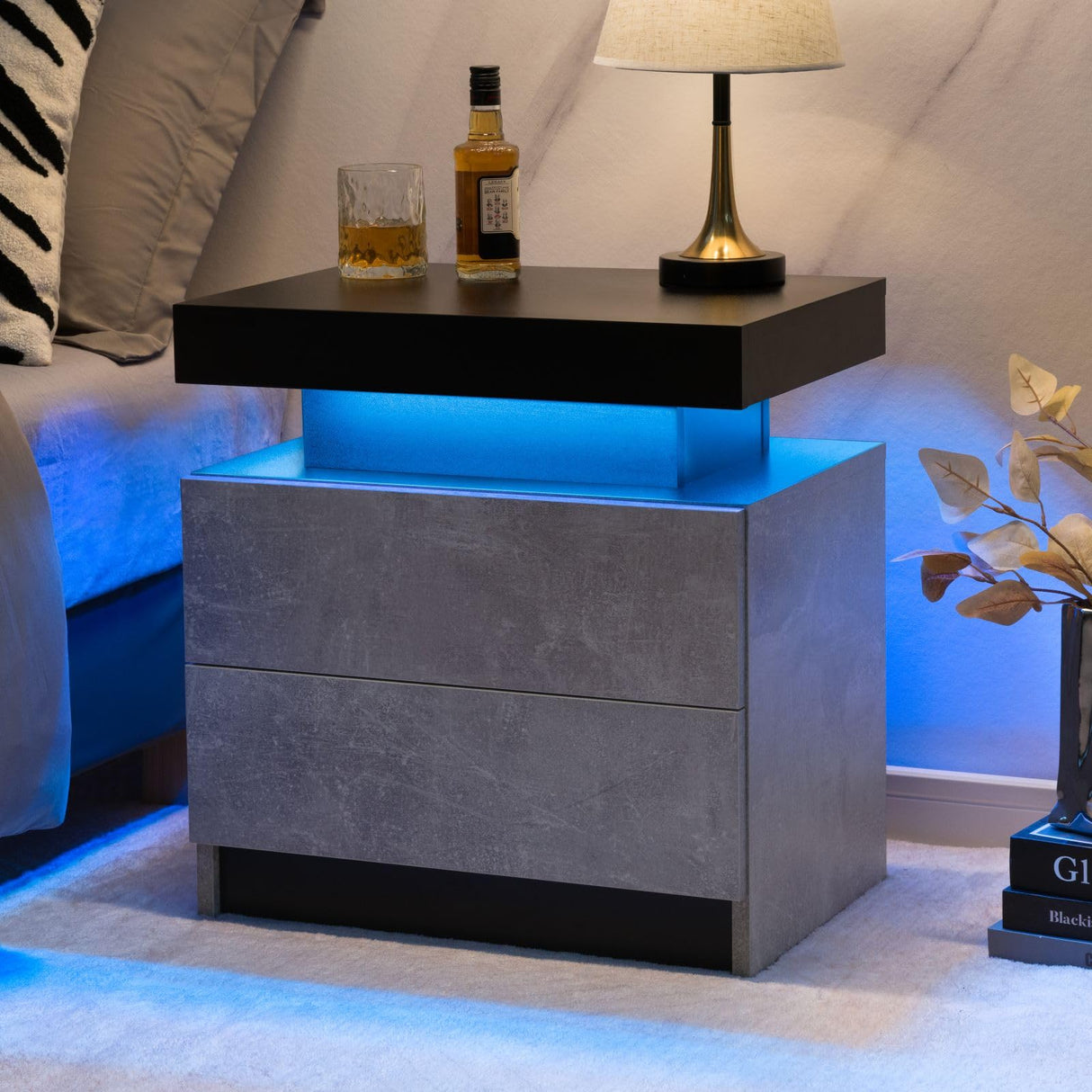 LED Nightstand Bedside Drawer Led Cabinet LED Lights Modern End Side Table with 2 Drawers for Bedroom Grey Generic