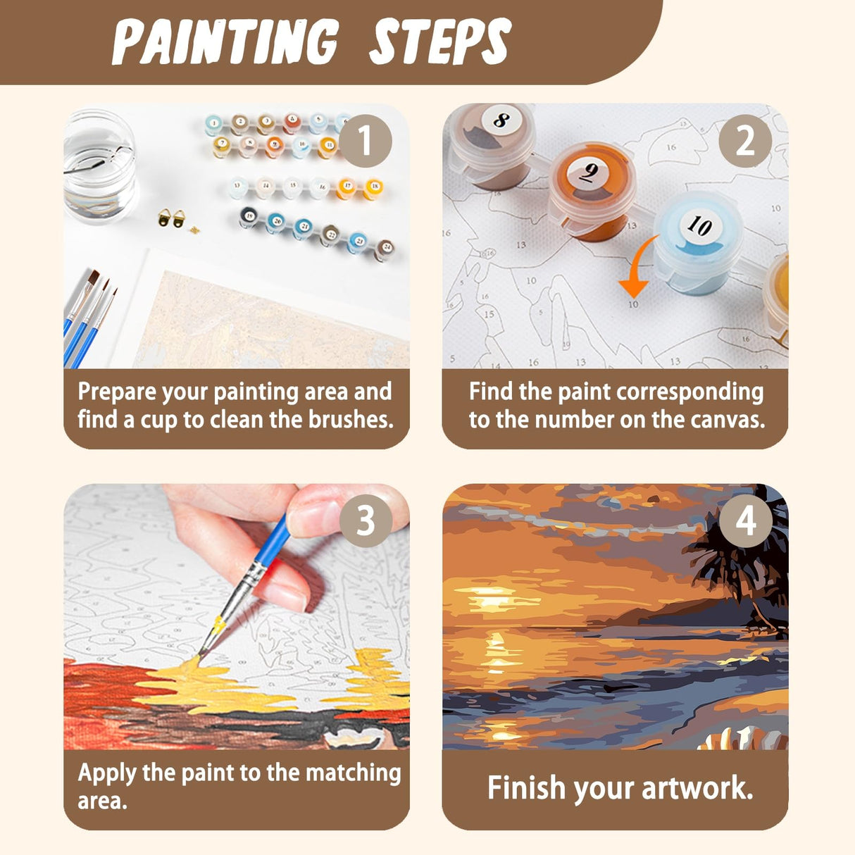 XTCIXAL 4 Pack Paint by Numbers Kit for Adults with Framed and Easel, Beach Paint by Number Kits, Sea Turtle Acrylic Oil Painting with Brushes for Home Wall Decor (8x12 Inch) XTCIXAL