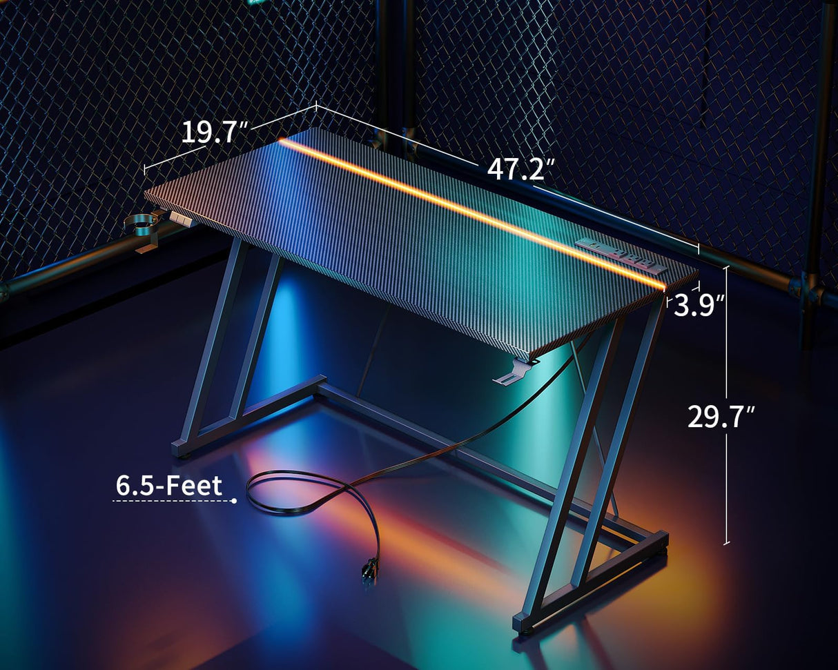 MOTPK Gaming Desk with LED Lights & Power Outlet, Computer Desk 47inch for Small Space, Cheap Gaming Table with Carbon Fiber Texture, Kids Desk Gift for Boys Men, Black MOTPK
