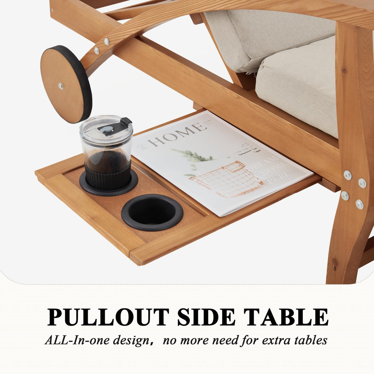 HOMREST Set of 2 Wood Chaise Lounge Chair Recliner, 83x23in Patio Chaise Lounger Recliner with Slide-Out Side Table, Foam-Padded Cushion, Adjustable Backrest, Wheels (Beige) HOMREST