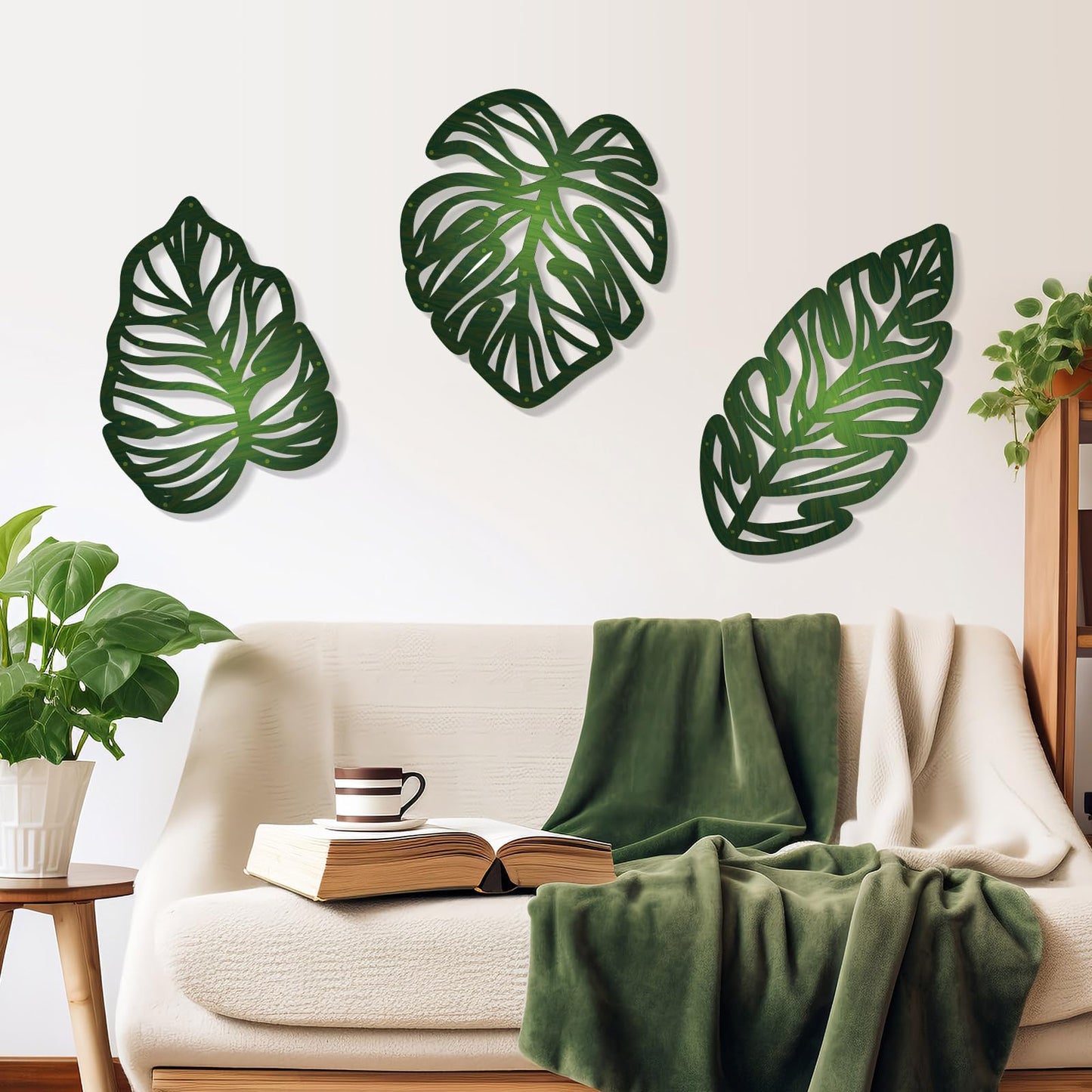 Zzbakress 3 Pcs Wooden Palm Leaves Wall Art Tropical Leaf Wall Art Natural Plant Wall Decor Tropical Plant Wall Sculptures for Living Room Kitchen Bedroom Garden (Farmhouse, Leaves-A)