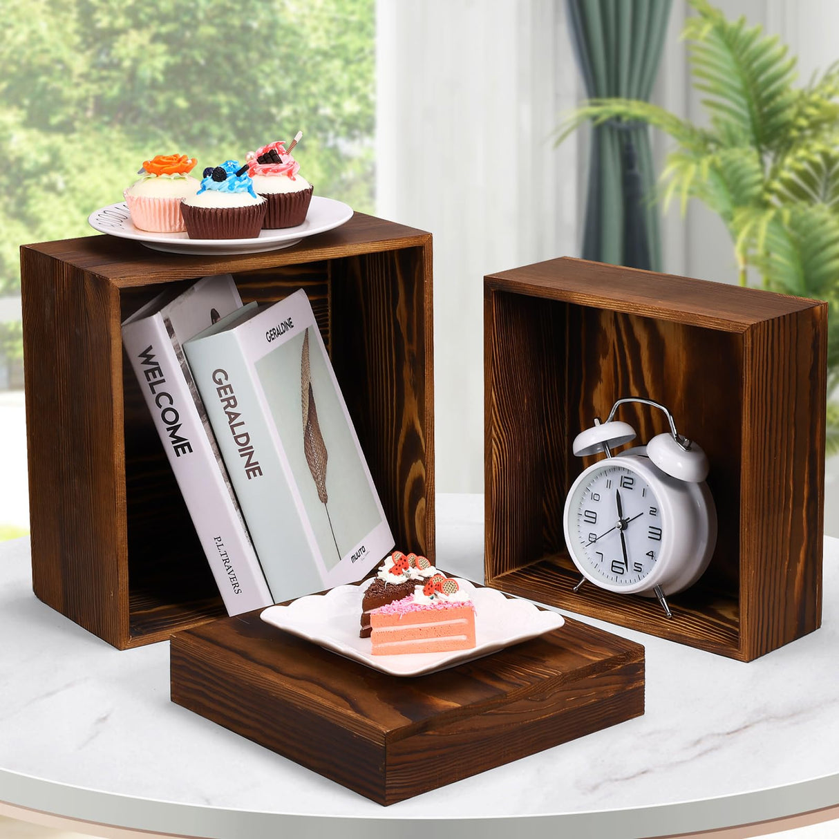 6 Pack Wooden Risers Display Stands Square Buffet Risers for Party Wood Cake Stands Rustic Cupcake Stands Wooden Crates for Display Wood Risers for Decor Wooden Food Display Risers Nesting Risers LEIFEOSH