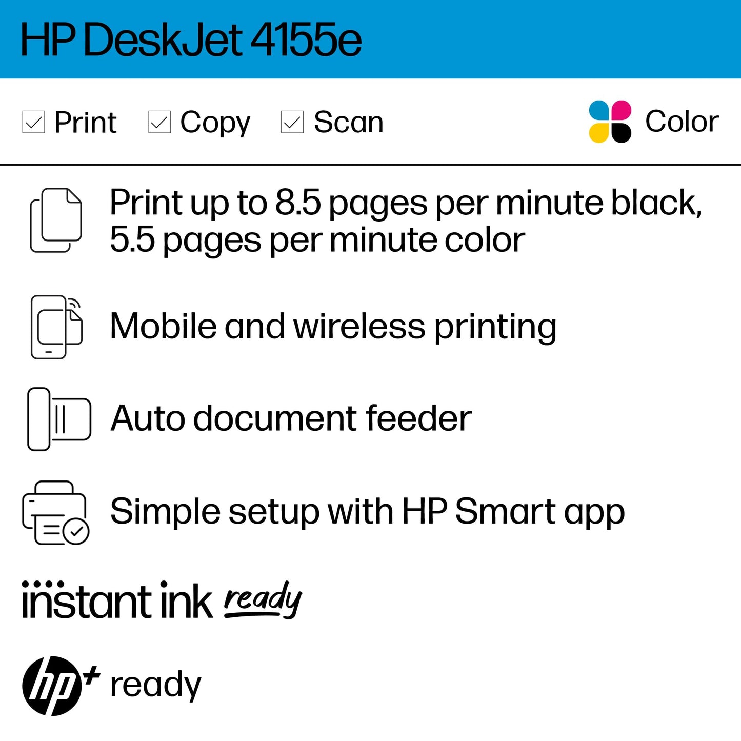 HP DeskJet 4155e Wireless Color Inkjet Printer, Print, scan, copy, Easy setup, Mobile printing, Best-for home, 3 months of Instant Ink included,white