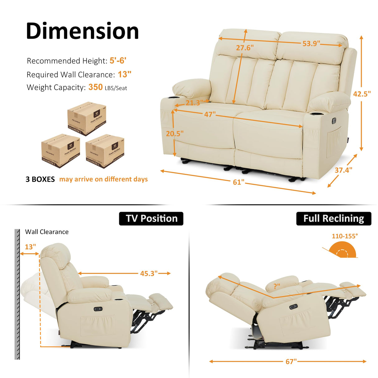 MCombo 61" Zero Gravity Power Loveseat Recliner with Heat and Vibration Massage, Reclining Loveseat Sofa with USB Ports, Cup Holders for Living Room, Faux Leather 6075 (Cream White) MCombo