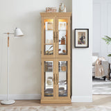 Curio Cabinet Lighted Glass Display Cabinet with Glass Doors and Adjustable Shelves, Freestanding Curio Display Case Tall Liquor Cabinet for Living Room Kitchen Pantry Bar, Bulb Included, Light Oak BAOMKONG