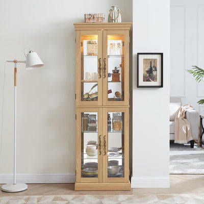 Curio Cabinet Lighted Glass Display Cabinet with Glass Doors and Adjustable Shelves, Freestanding Curio Display Case Tall Liquor Cabinet for Living Room Kitchen Pantry Bar, Bulb Included, Light Oak