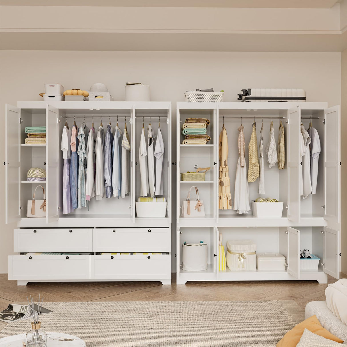 PLANNTONNEO Large White Wardrobe Closet with Drawers, Modular Closet System with Doors and Hanging Rods, Tall Large Armoire Ample Storage, Big Bedroom Armoires (8 Doors/White) PLANNTONNEO