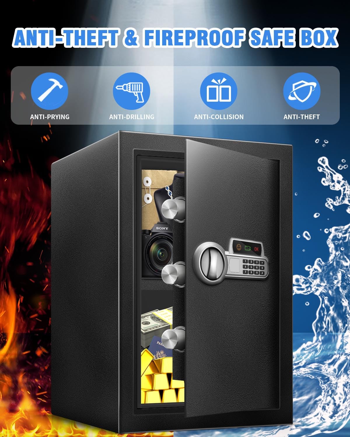 Fdsutvit Safe Box 2.2 Cu Ft, Steel Security with Digital Electronic Keypad, Safety Lock Box, Sensor Light, Removable Shelf, Home Safe for Valuables Documents Money Jewelry Guns Fdsutvit