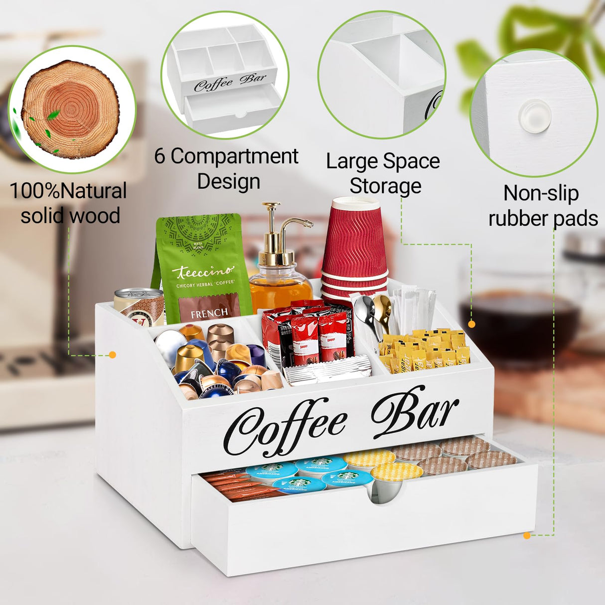 Coffee Bar Organizer Countertop, Wooden Coffee Bar Accessories Organizer With Drawer, Coffee Station Organizer Coffee Pods Holder Storage Basket, Farmhouse Coffee and Tea Condiment Organizer Station ugiftt