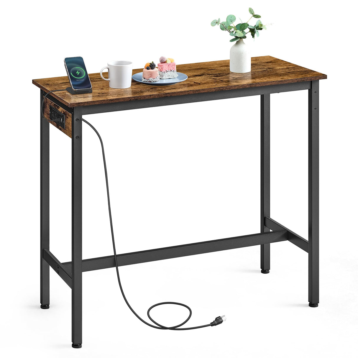VASAGLE Bar Table, Narrow Long Kitchen Dining Table with Charging Station, Sturdy Metal Frame, Industrial, 15.7 x 39.4 x 35.4 Inches, Rustic Brown and Ink Black ULBT101K01 VASAGLE