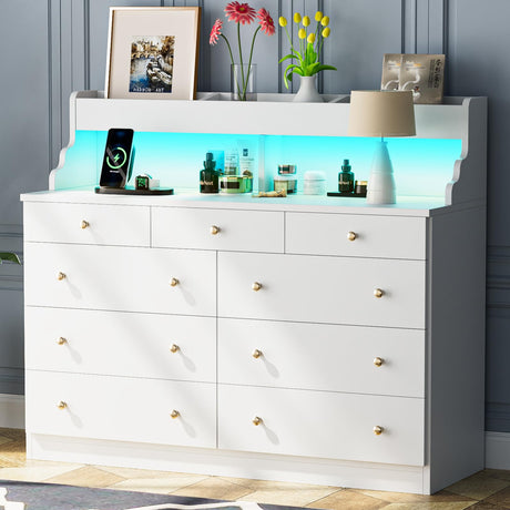 Yeyawomy 9 Drawers Dresser with LED Light, Dresser for Bedroom with Power Outlet, Modern Chest of Drawers, Storage Dresser with Open Storage Space, Dressers & Chests of Drawers for Closet (White) Yeyawomy