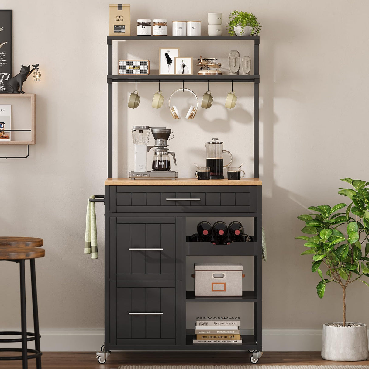 Itaar Kitchen Island with Storage, Rolling Kitchen Island Cart with Shelves and Drawers, Towel Rack, 8 S Hooks, Kitchen Cart on Wheels, for Home, Dining Room, Black Itaar