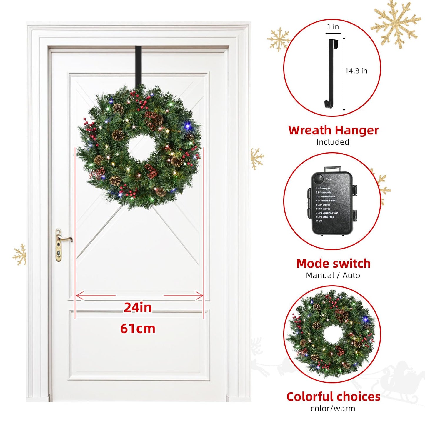 Christmas Wreaths for Front Door 24In - Artificial Christmas Wreath with 40 LEDs 9 Models Light, Timer, Hanger, Battery Operated Christmas Wreath for Mantel Wall Windows Xmas Decoration