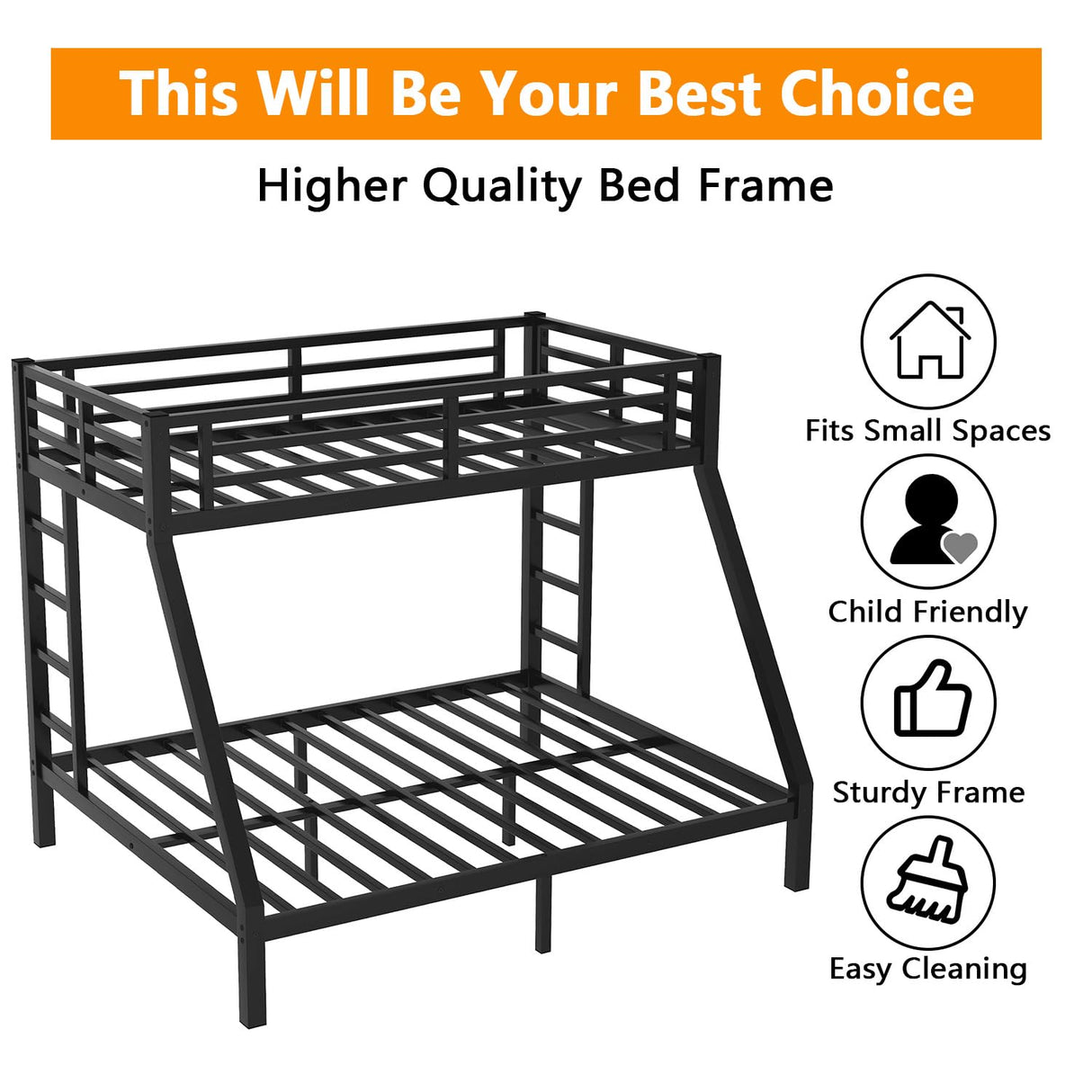 anwickjeff Metal Full Over Queen Bunk Bed for Adults, Heavy Duty Bunk Beds with 2 Stairs,Safety Guardrail, Noise Free, Easy Assembly (Full Over Queen) anwickjeff