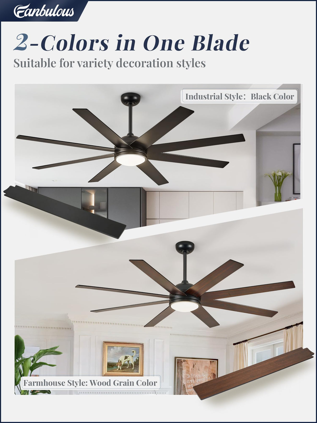 Fanbulous Ceiling Fans with Lights, 72 inch Large Ceiling Fan with Light and Remote, Outdoor Black Ceiling Fan for Living Room Patio, 6 Speeds, Reversible Quiet DC Motor, 3 CCT, Bi-color 8 Blades Fanbulous