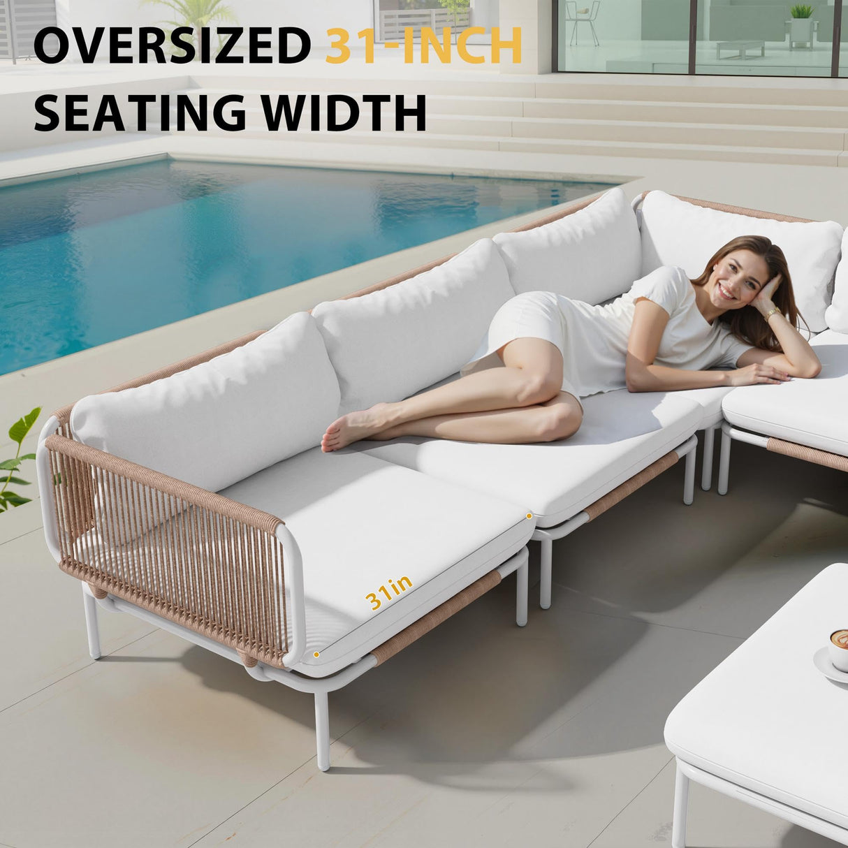 VredHom Patio Furniture Set, Outdoor Patio Furniture Oversized Metal Patio Sectional Sofa, 4-Seat Conversation Set with Cushion for Indoor and Outdoor, White Frame & Beige Mat (4 Seats 8 Armrests) VredHom