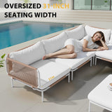 VredHom Patio Furniture Set, Outdoor Patio Furniture Oversized Metal Patio Sectional Sofa, 4-Seat Conversation Set with Cushion for Indoor and Outdoor, White Frame & Beige Mat (4 Seats 8 Armrests) VredHom