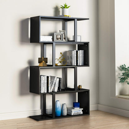 YITAHOME 5 Tiers Bookshelf, Modern S-Shaped Z-Shelf Style Bookshelves, Multifunctional Geometric Bookcase Storage Display Shelf for Living Room Bedroom Home Office, Black