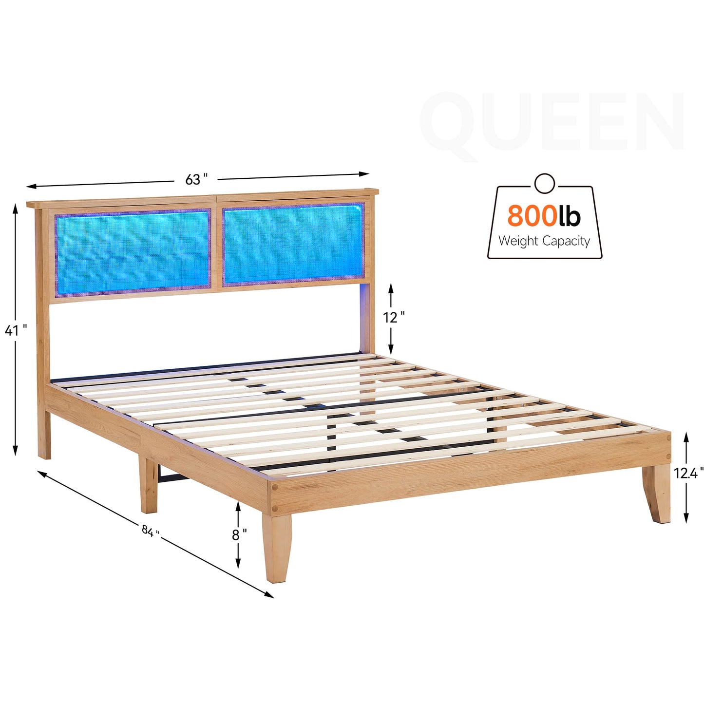 IDEALHOUSE Rattan Queen Bed Frame with LED Lights and Solid Wood Support - WoodArtSupply