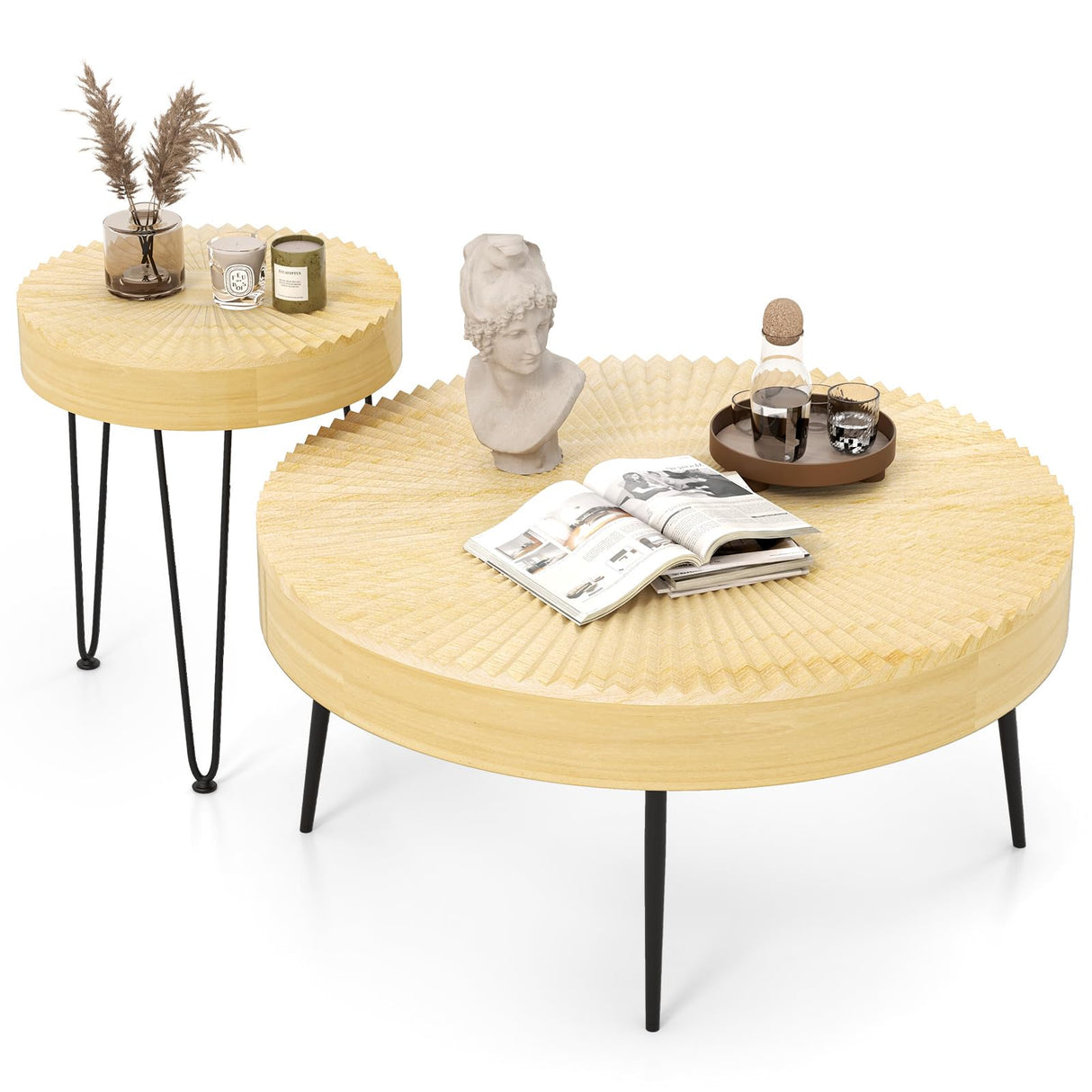 COSTWAY Farmhouse Round Coffee Table Set of 2, Rustic Sofa Side Tea Tables w/Wood Finish, Metal Frame, Adjustable Foot Pads, Nesting End Table Set for Living Room (Radial Pattern, Light Natural) COSTWAY