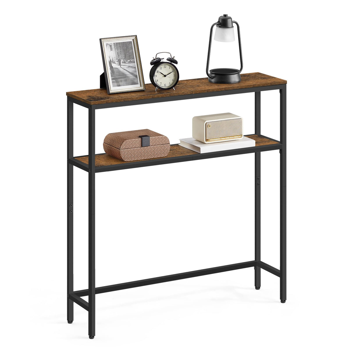 VASAGLE Console Table, 2-Tier Sofa Table, 7.9 x 31.5 x 31.5 Inches, Narrow Entryway Table, Modern Entry Table with 2 Shelves, for Living Room, Bedroom, Rustic Brown and Ink Black ULNT130K01 VASAGLE