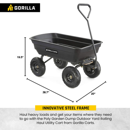 Gorilla Carts Poly Garden Dump Cart with Easy to Assemble Steel Frame, Camping Beach Wagon w/Quick Release System, 600 Pound Capacity, & 10 Inch Tires